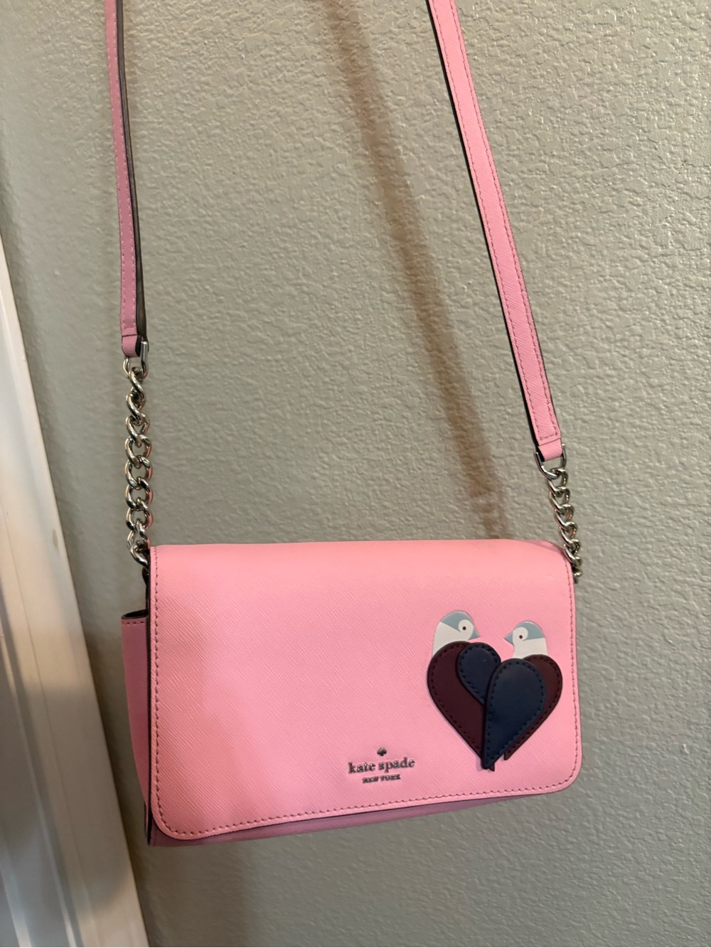 kate spade Pink Leather Crossbody with Heart & Bird Appliqué